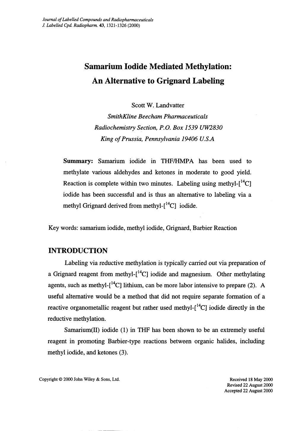 Samarium iodide mediated methylation: an alternative to grignard labeling by Unknown