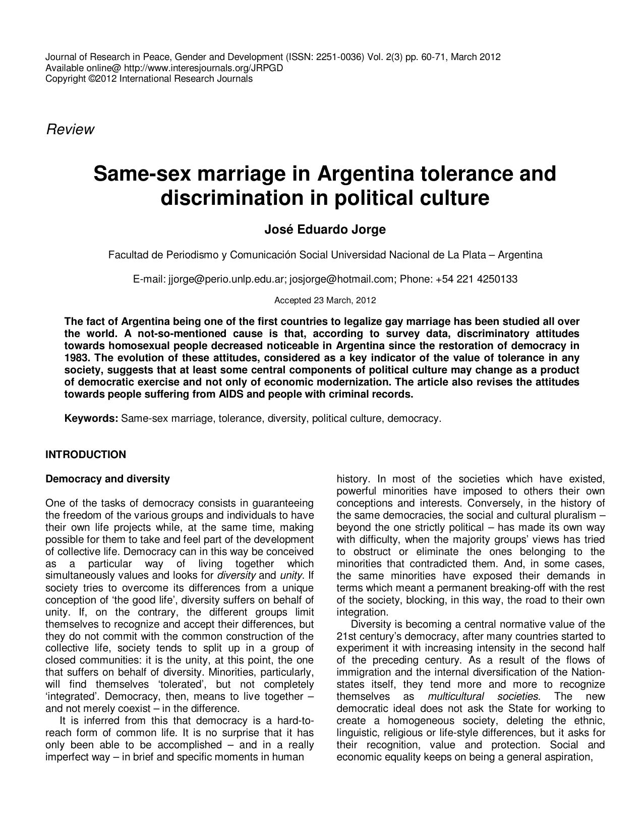 Same-sex marriage in Argentina tolerance and discrimination in political culture by José Eduardo Jorge