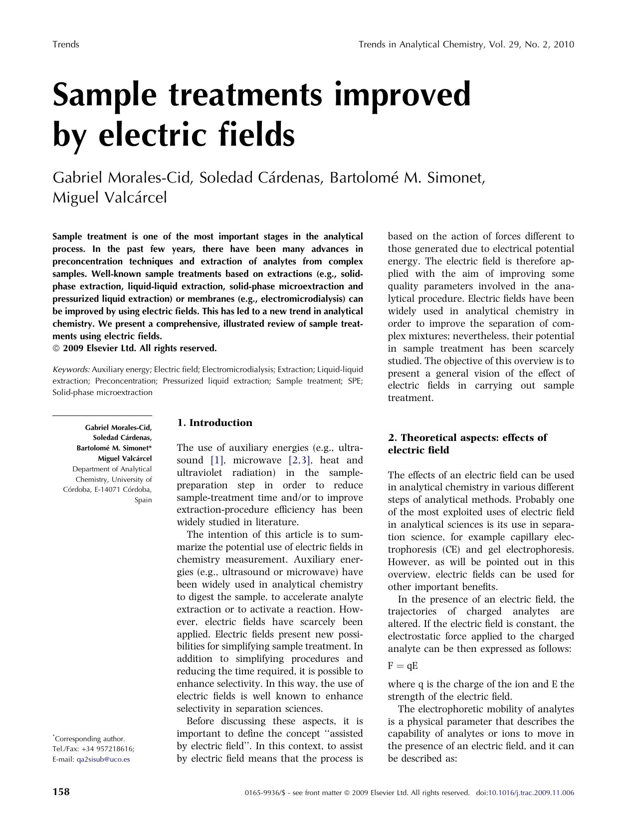 Sample treatments improved by electric fields by Gabriel Morales-Cid; Soledad Cárdenas; Bartolomé M. Simonet; Miguel Valcárcel