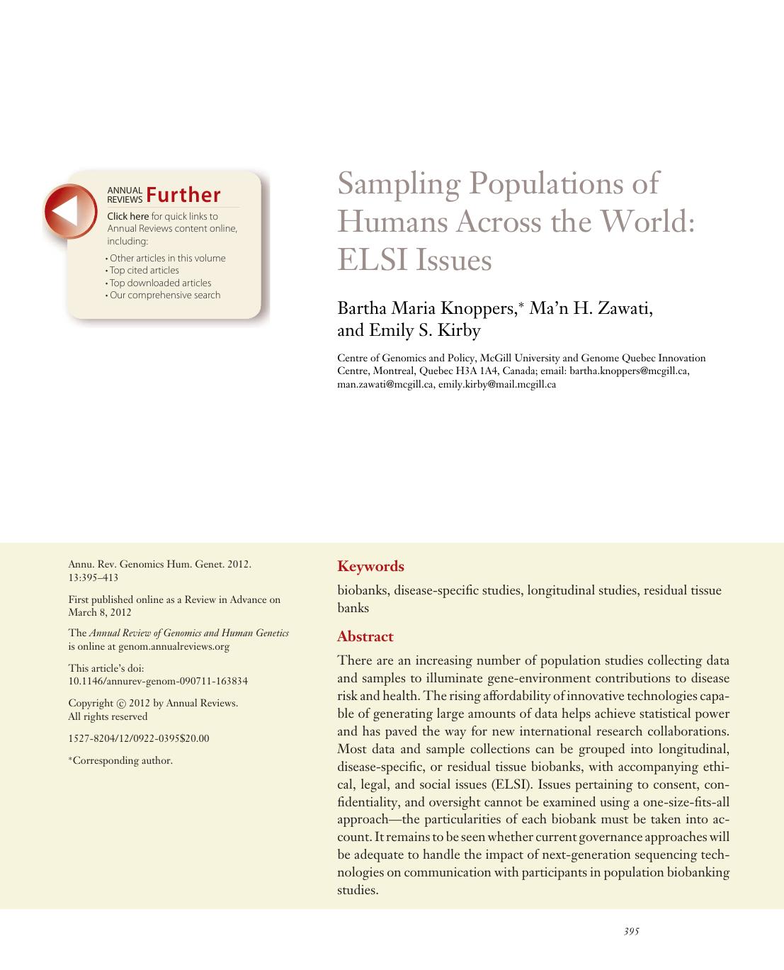 Sampling Populations of Humans Across the World: ELSI Issues by Bartha Maria Knoppers Ma'n H. Zawati and Emily S. Kirby