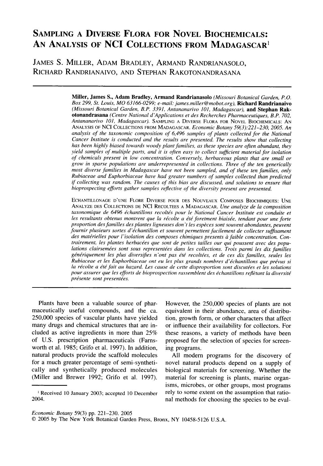 Sampling a diverse flora for novel biochemicals: An analysis of NCI collections from Madagascar by Unknown