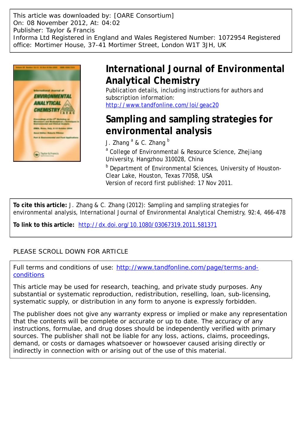 Sampling and sampling strategies for environmental analysis by J. Zhang & C. Zhang