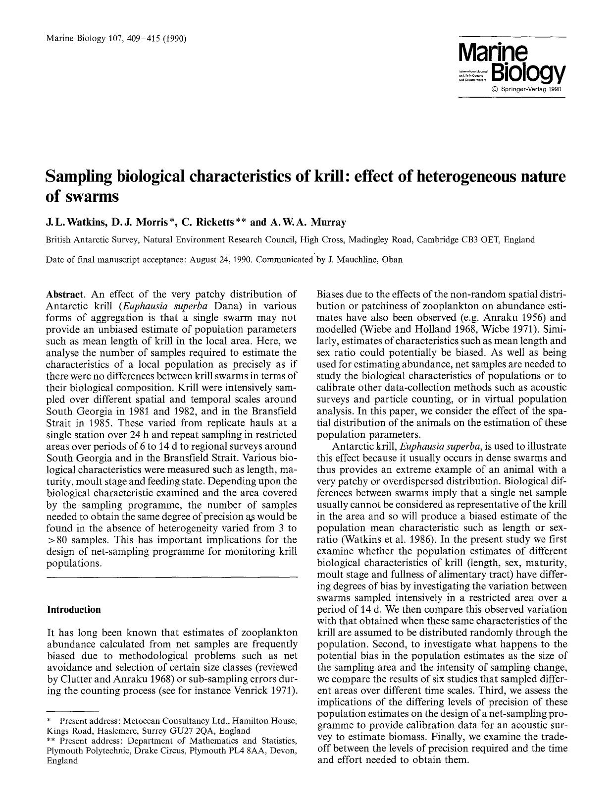 Sampling biological characteristics of krill: Effect of heterogeneous nature of swarms by Unknown