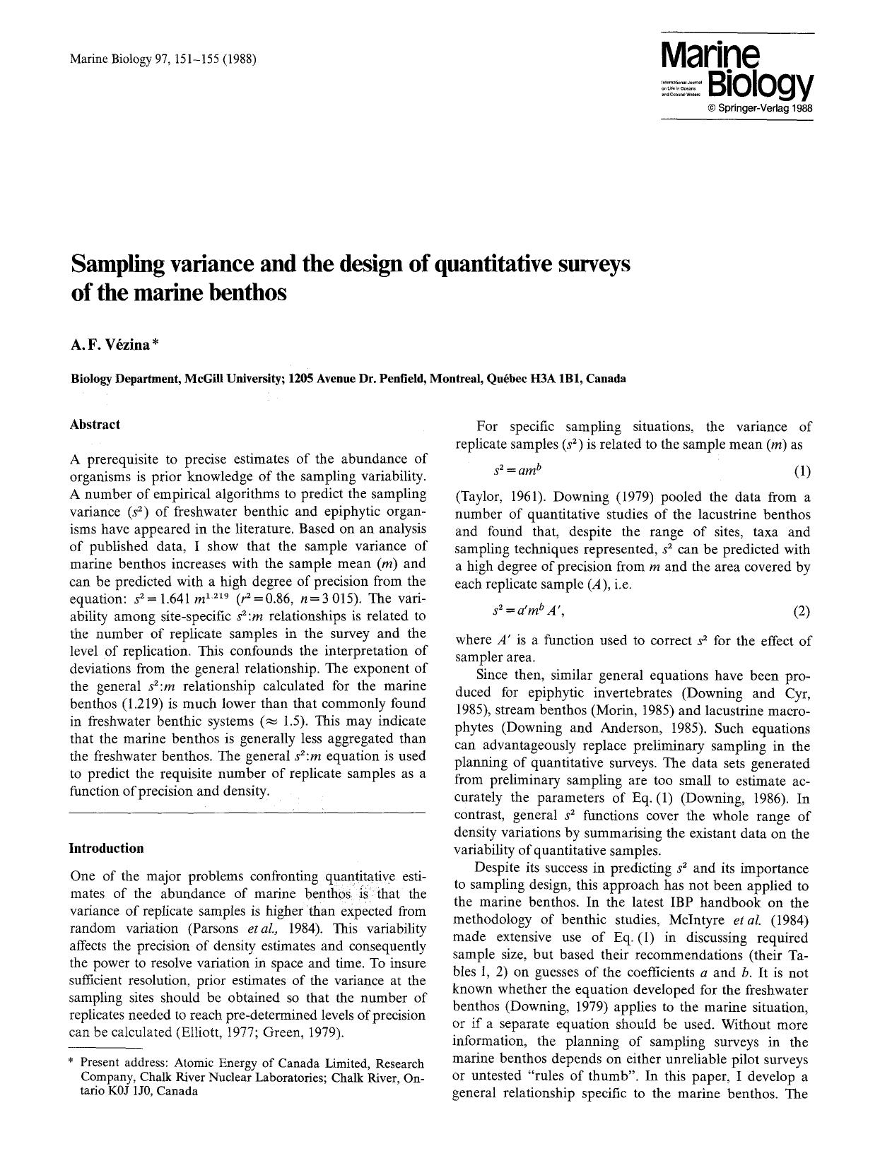 Sampling variance and the design of quantitative surveys of the marine benthos by Unknown