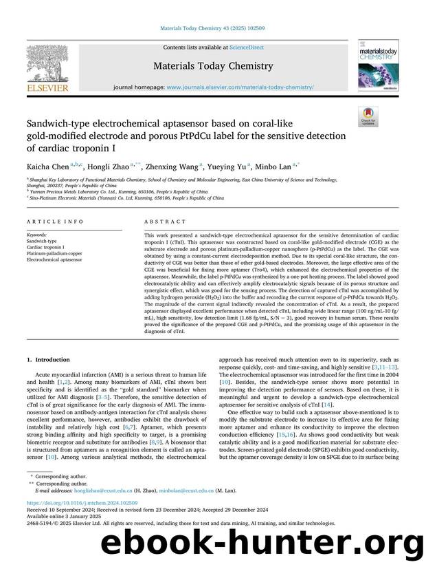 Sandwich-type electrochemical aptasensor based on coral-like gold-modified electrode and porous PtPdCu label for the sensitive detection of cardiac troponin I by Kaicha Chen & Hongli Zhao & Zhenxing Wang & Yueying Yu & Minbo Lan