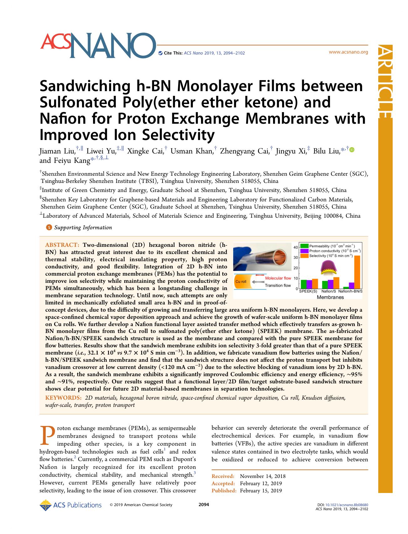 Sandwiching h-BN Monolayer Films between Sulfonated Poly(ether ether ketone) and Nafion for Proton Exchange Membranes with Improved Ion Selectivity by Jiaman Liu Liwei Yu Xingke Cai Usman Khan Zhengyang Cai Jingyu Xi Bilu Liu and Feiyu Kang