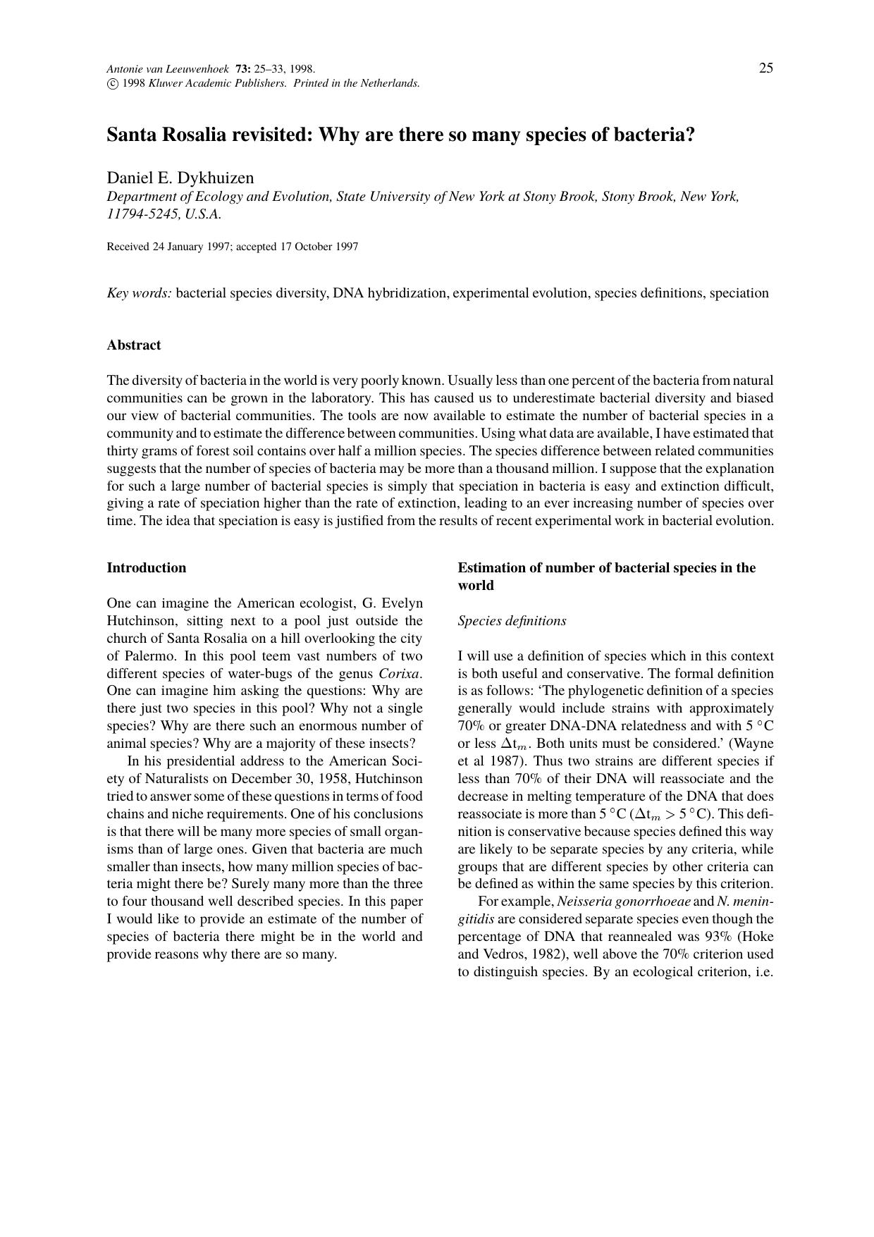 Santa Rosalia revisited: Why are there so many species of bacteria? by Unknown