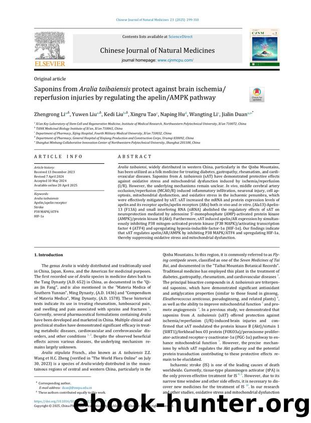 Saponins from Aralia taibaiensis protect against brain ischemiareperfusion injuries by regulating the apelinAMPK pathway by Zhengrong Li