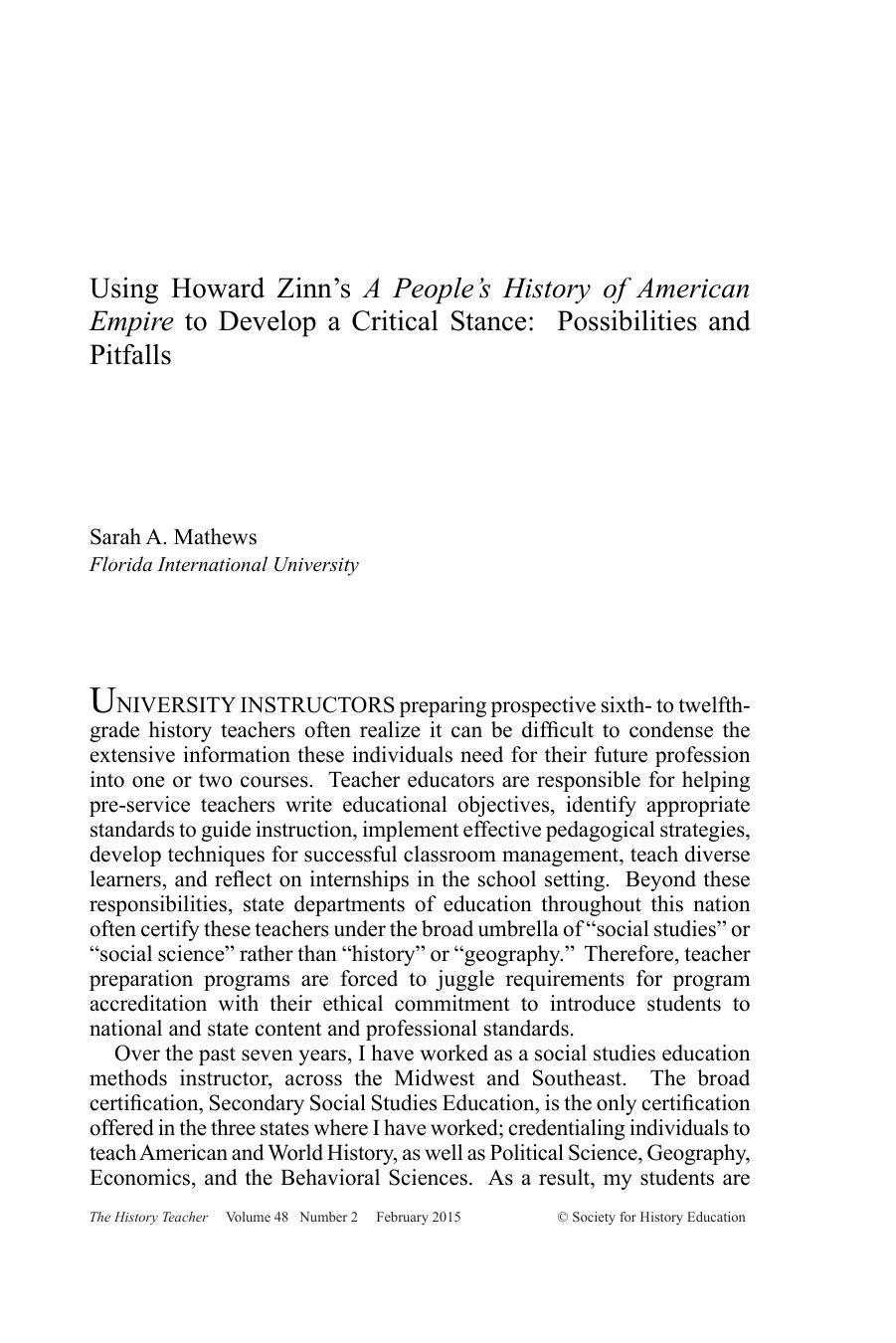 Sarah A Mathews - Using Howard Zinn's A People's History of American Empire to Develop a Critical Stance by Possibilities & Pitfalls