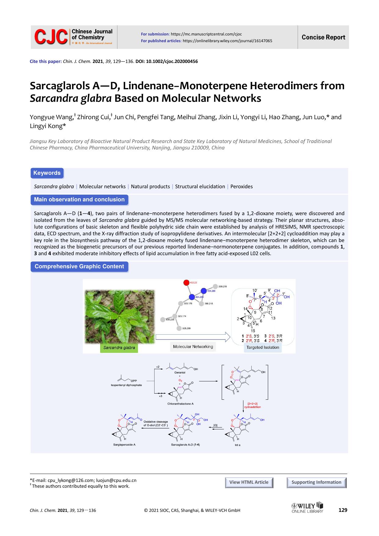Sarcaglarols A-D, LindenaneâMonoterpene Heterodimers from Sarcandra glabra Based on Molecular Networks by USER
