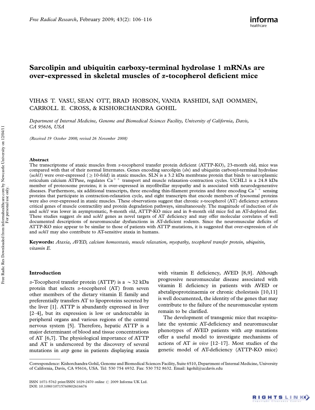 Sarcolipin and ubiquitin carboxy-terminal hydrolase 1 mRNAs are over-expressed in skeletal muscles of Î±-tocopherol deficient mice by unknow