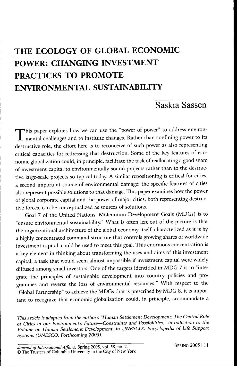 Sassen - The Ecology of Global Economic Power by Changing Investment Practices to Promote E