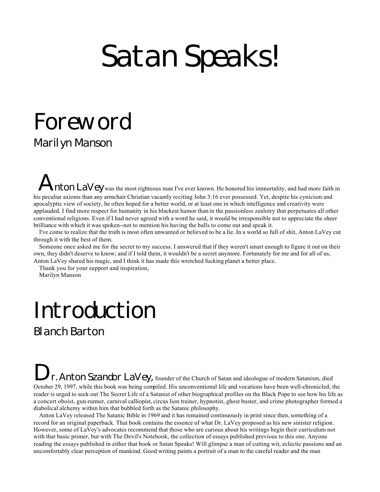 Satan Speaks! by Anton Szandor LA Vey Anton Szandor Lavey Introduction by Blanche Barton Marilyn Manson
