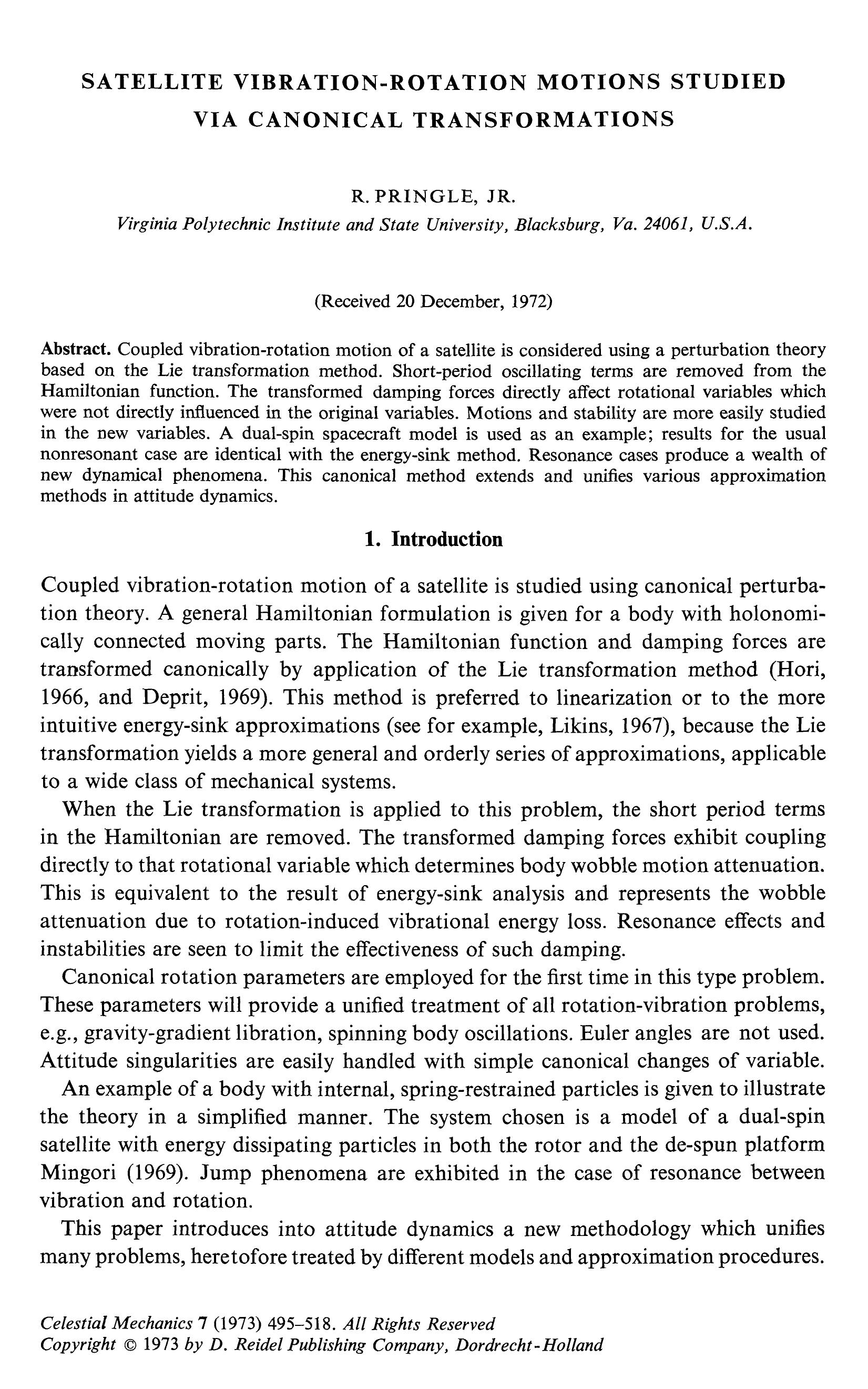 Satellite vibration-rotation motions studied via canonical transformations by Unknown