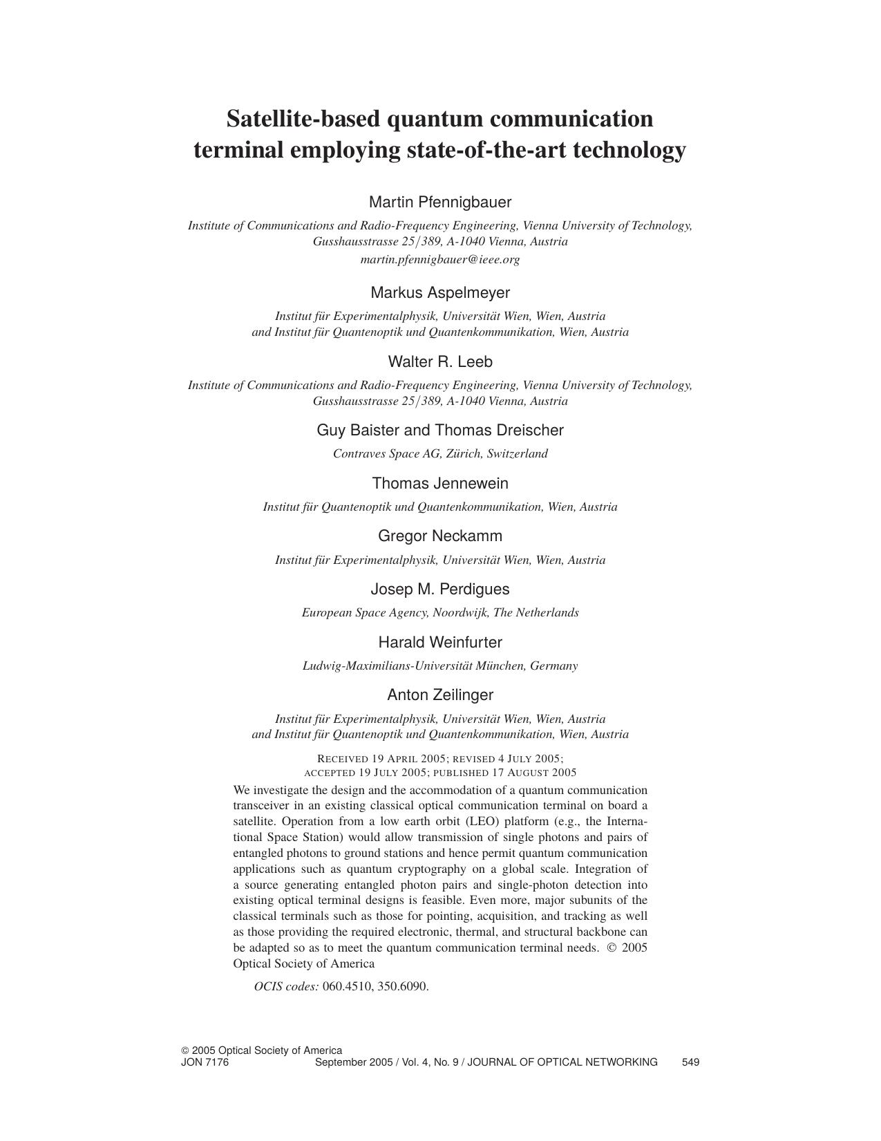 Satellite-based quantum communication terminal employing... (2005) by Unknown