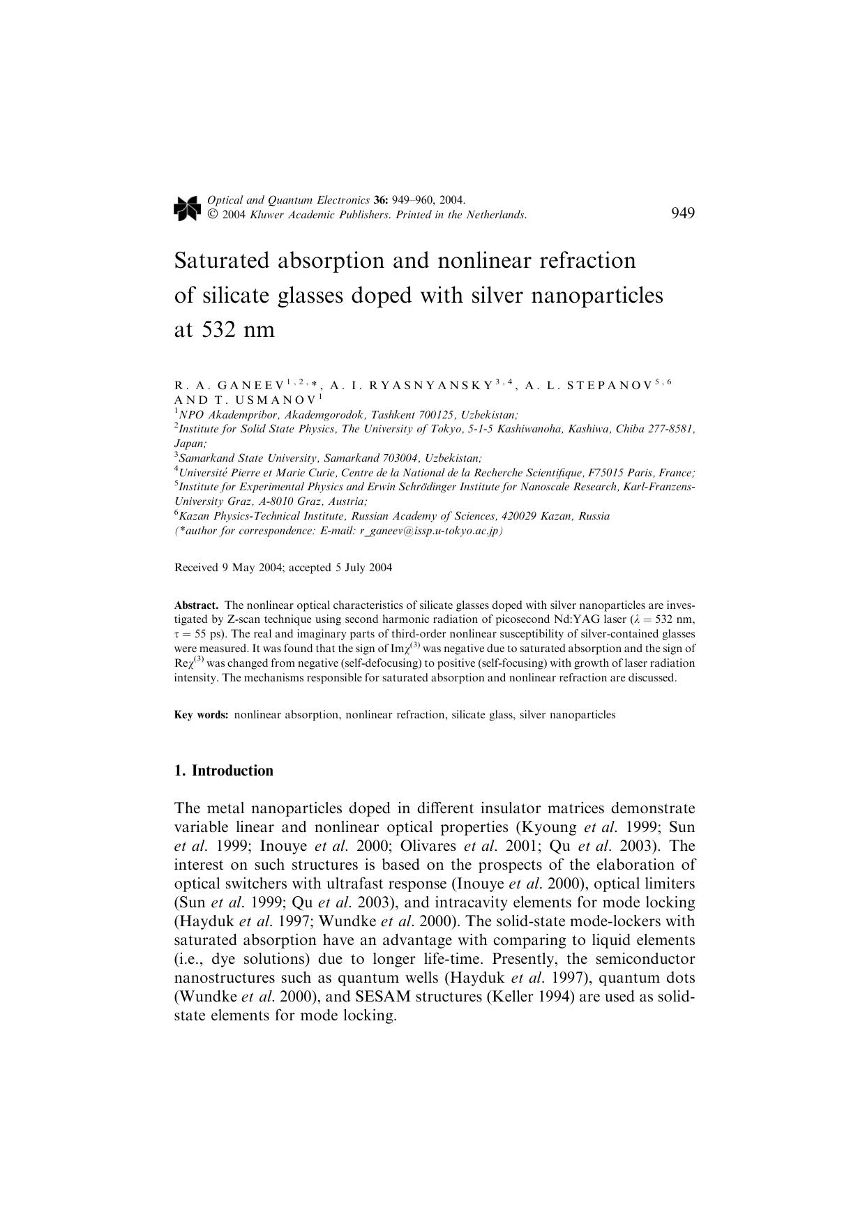 Saturated absorption and nonlinear refraction of silicate glasses doped with silver nanoparticles at 532 nm by Unknown