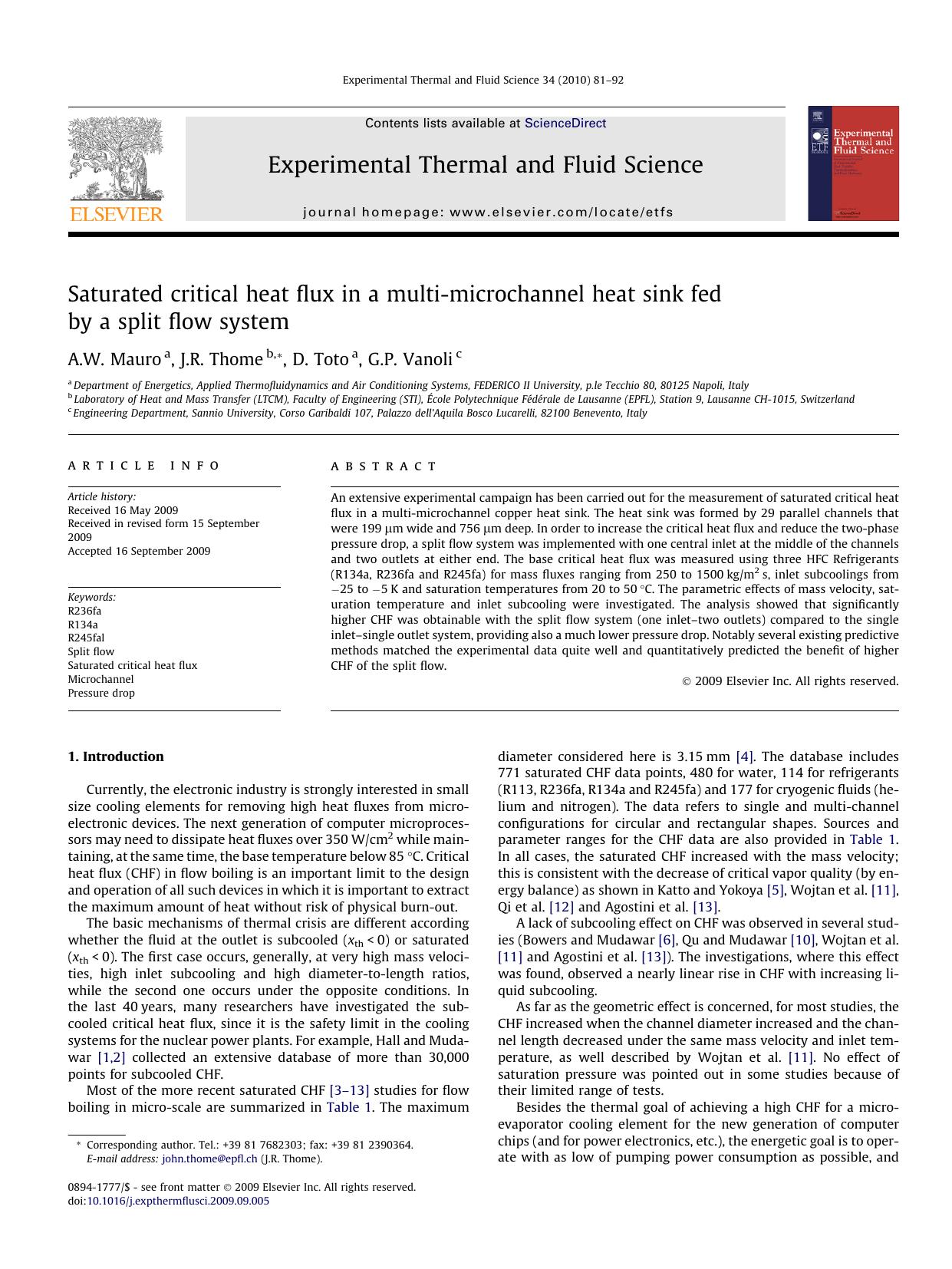 Saturated critical heat flux in a multi-microchannel heat sink fed by a split flow system by A.W. Mauro & J.R. Thome & D. Toto & G.P. Vanoli