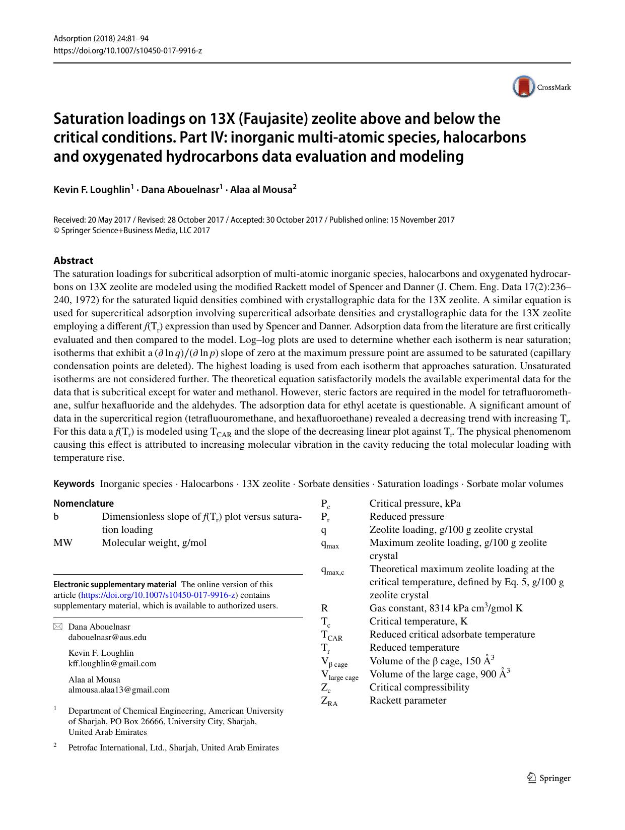 Saturation loadings on 13X (Faujasite) zeolite above and below the critical conditions. Part IV: inorganic multi-atomic species, halocarbons and oxygenated hydrocarbons data evaluation and modeling by Kevin F. Loughlin