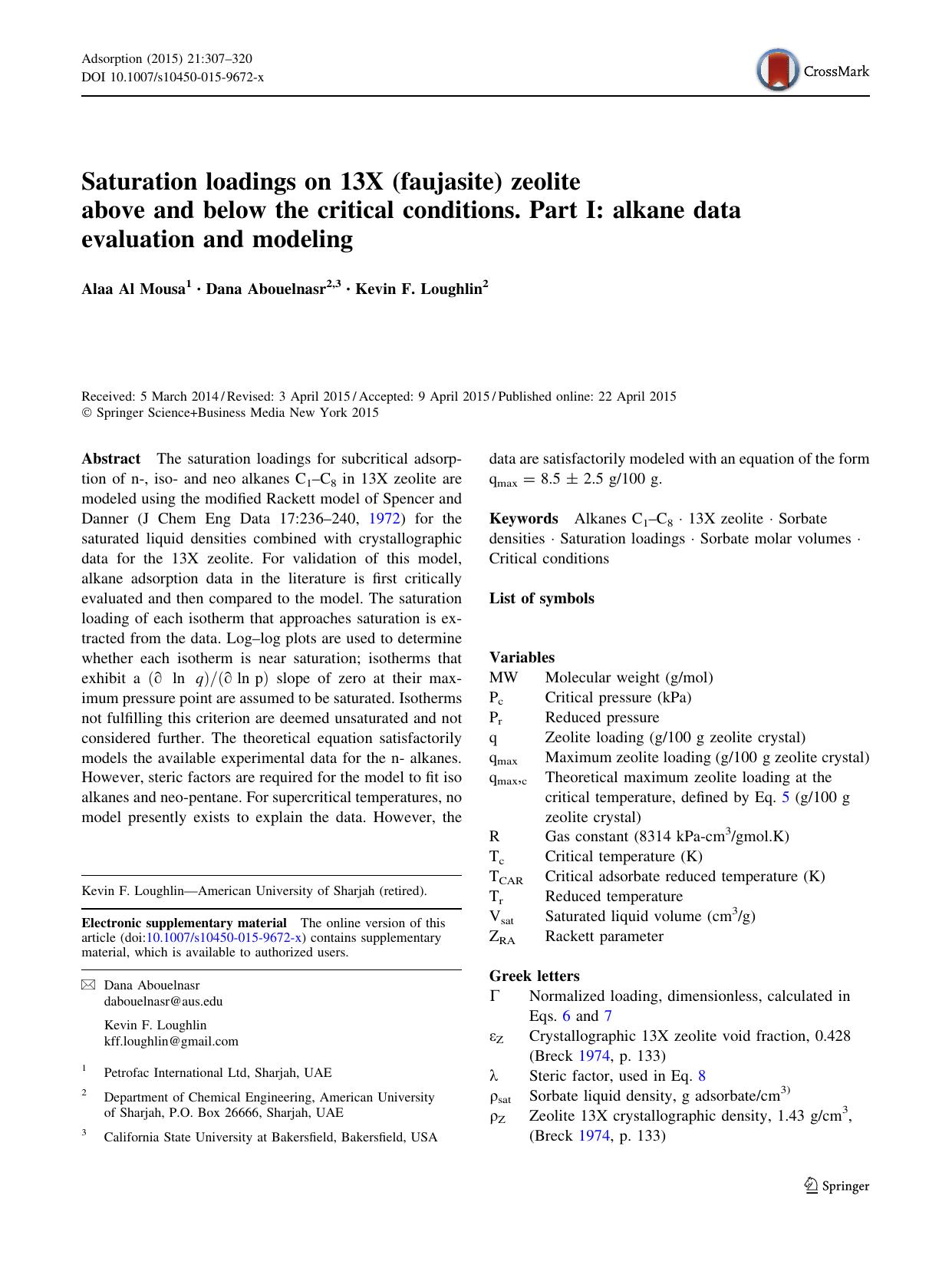 Saturation loadings on 13X (faujasite) zeolite above and below the critical conditions. Part I: alkane data evaluation and modeling by Alaa Al Mousa & Dana Abouelnasr & Kevin F. Loughlin