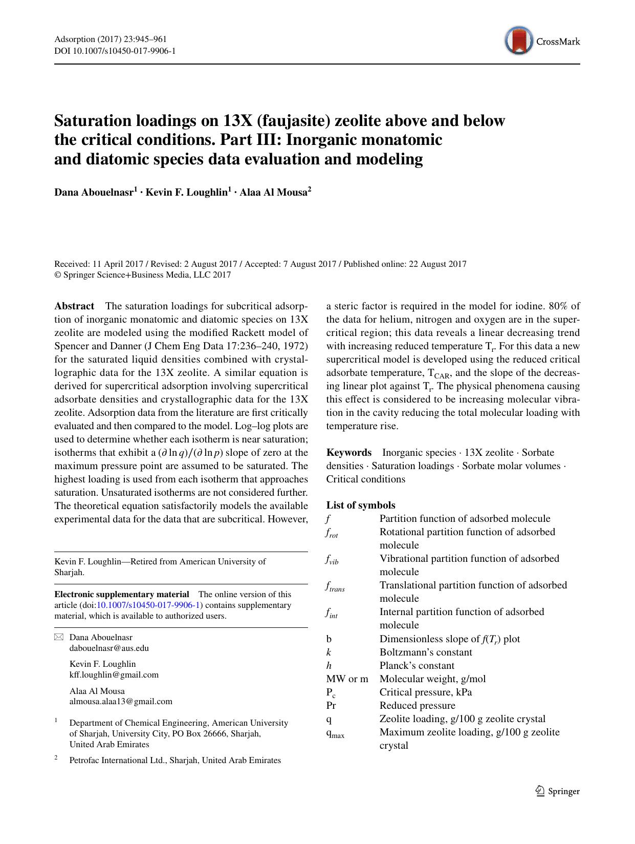 Saturation loadings on 13X (faujasite) zeolite above and below the critical conditions. Part III: Inorganic monatomic and diatomic species data evaluation and modeling by Dana Abouelnasr
