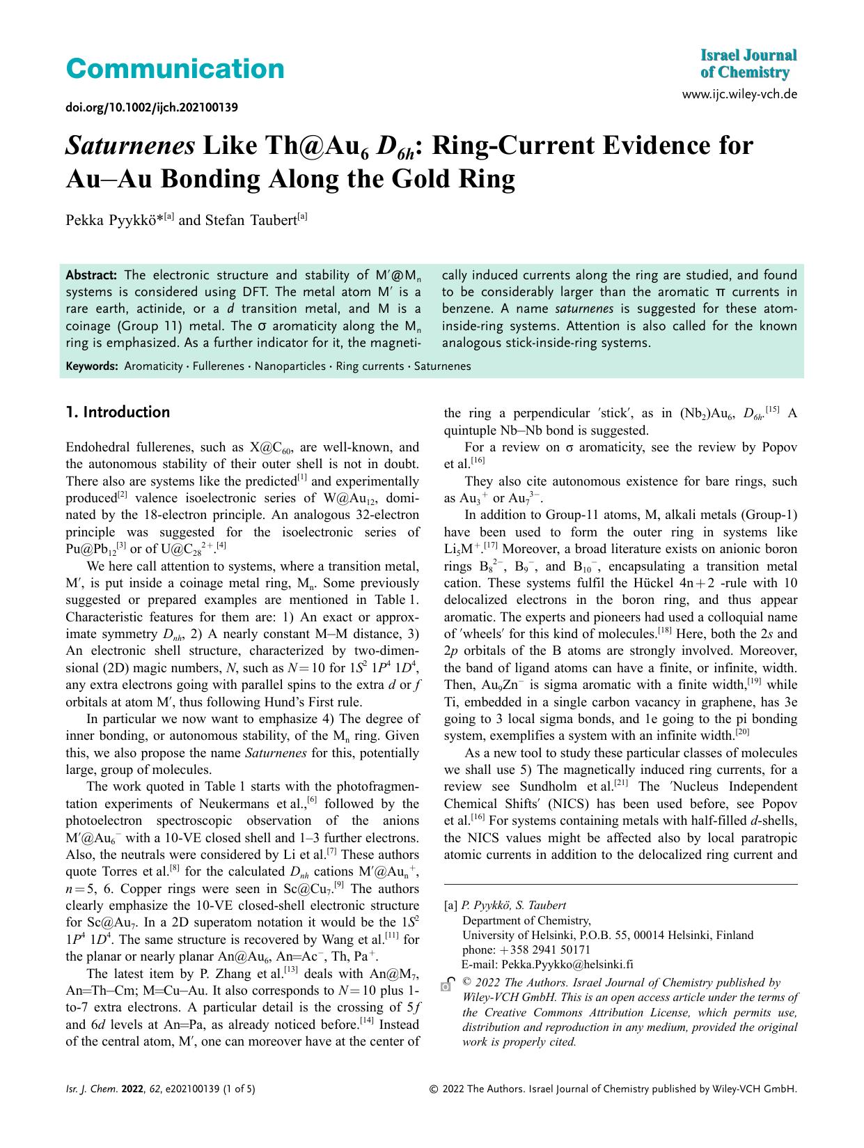 Saturnenes Like Th@Au6 D6h: RingâCurrent Evidence for AuâAu Bonding Along the Gold Ring by Unknown