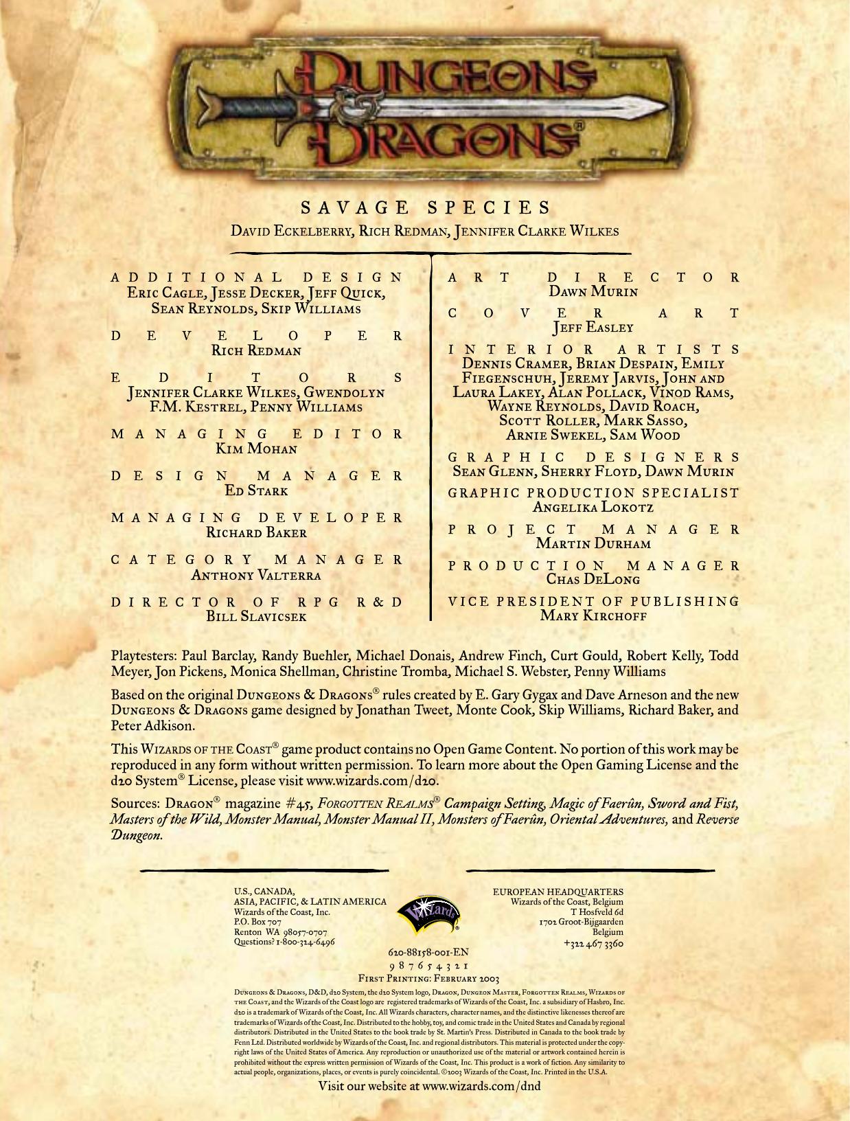 Savage Species, Playing Monstrous Characters by Jennifer Clarke Wilkes; David Eckelberry; Rich Redman; Sean K Reynolds
