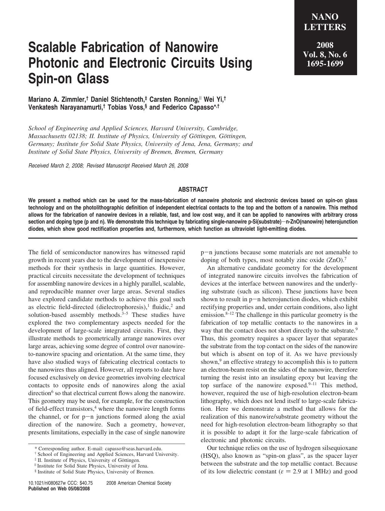 Scalable Fabrication of Nanowire Photonic and Electronic Circuits Using Spin-on Glass by Unknown