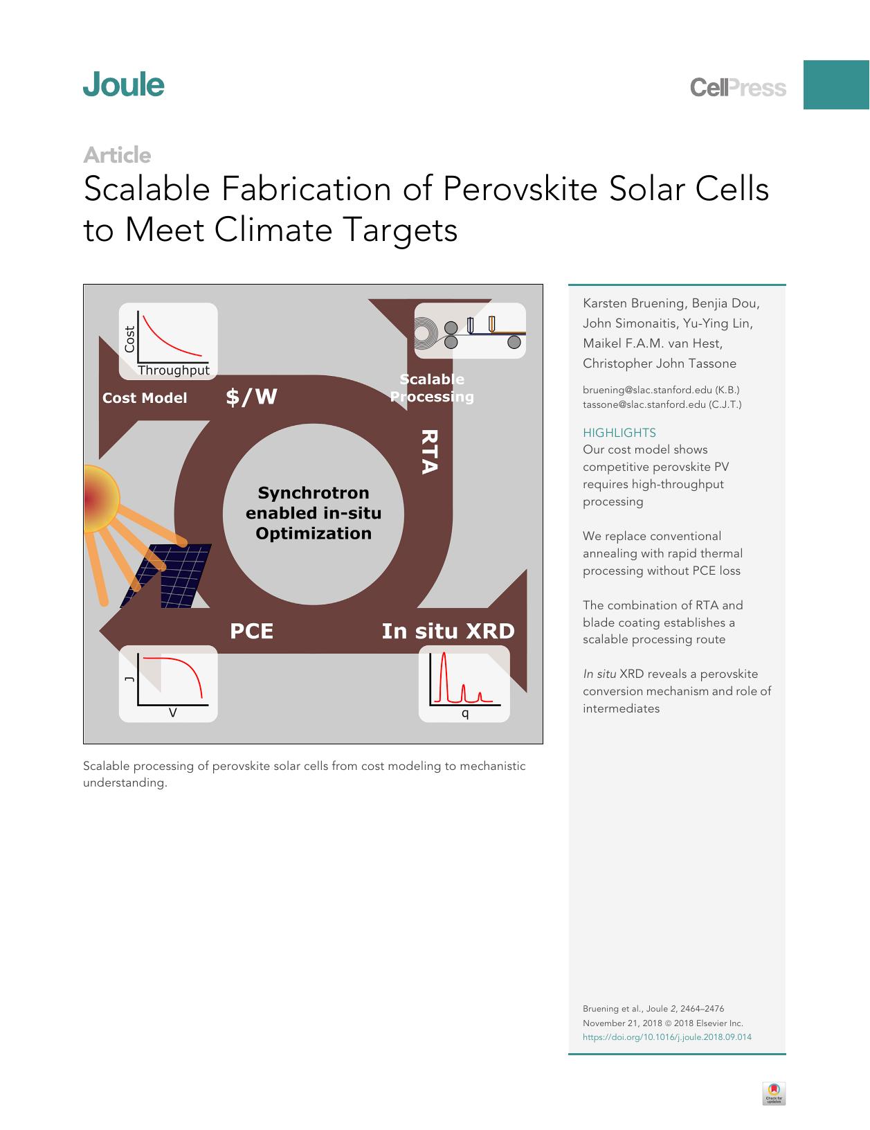 Scalable Fabrication of Perovskite Solar Cells to Meet Climate Targets by unknow