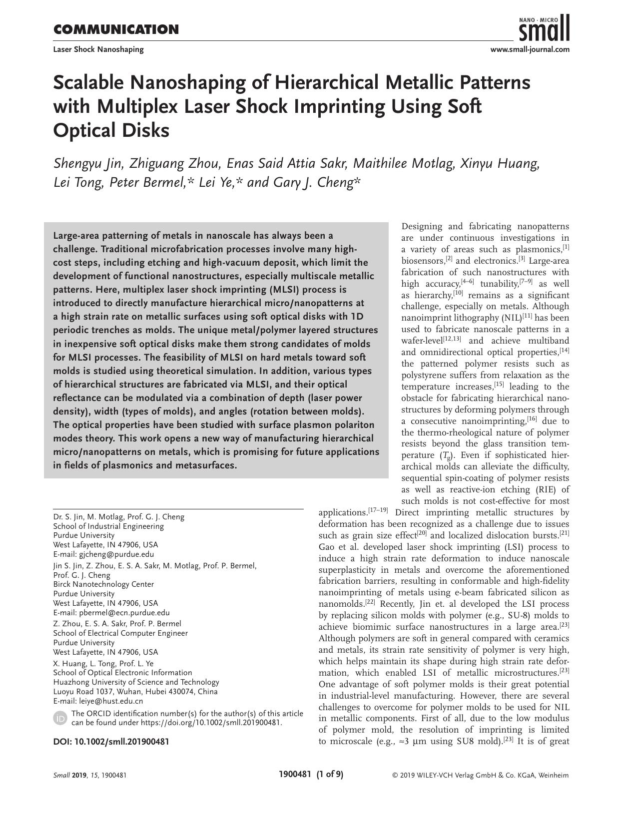 Scalable Nanoshaping of Hierarchical Metallic Patterns with Multiplex Laser Shock Imprinting Using Soft Optical Disks by Unknown