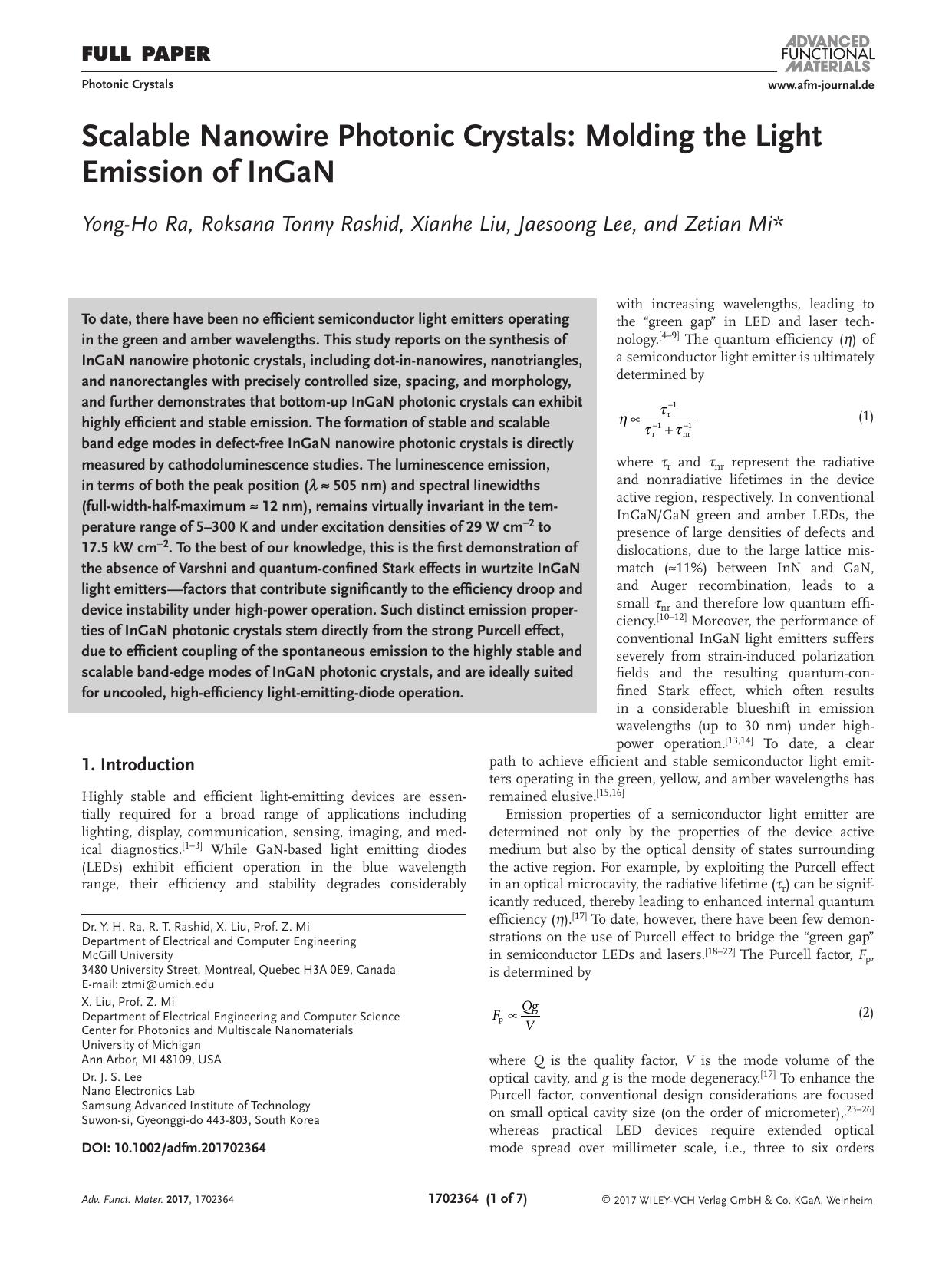 Scalable Nanowire Photonic Crystals: Molding the Light Emission of InGaN by Unknown