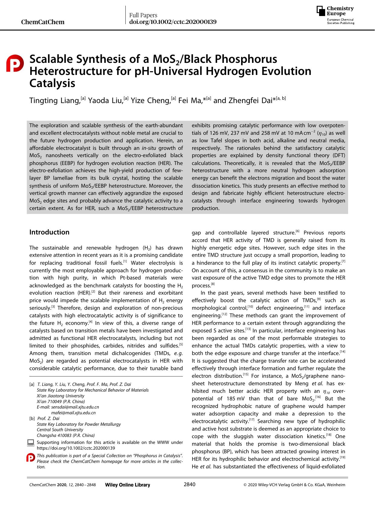 Scalable Synthesis of a MoS2Black Phosphorus Heterostructure for pHâUniversal Hydrogen Evolution Catalysis by Unknown