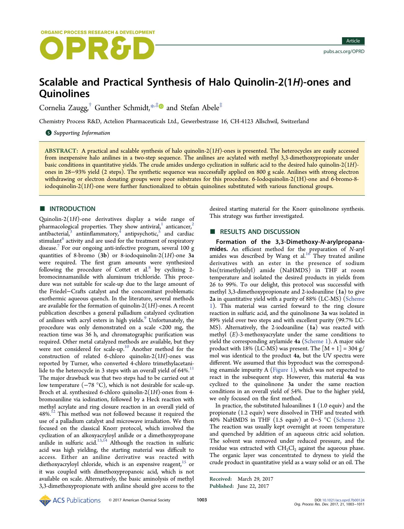 Scalable and Practical Synthesis of Halo Quinolin-2(1H)-ones and Quinolines by Cornelia Zaugg Gunther Schmidt & Stefan Abele