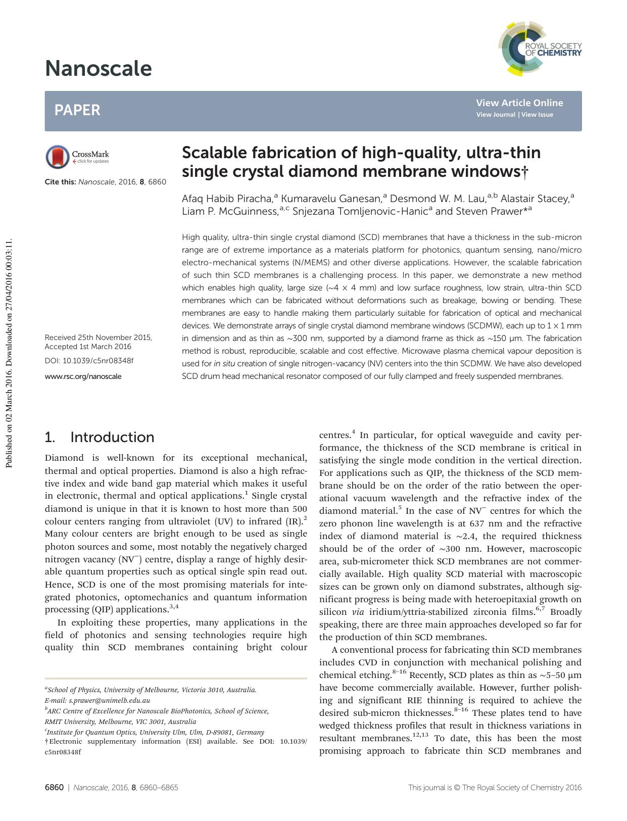 Scalable fabrication of high-quality, ultra-thin single crystal diamond membrane windows by unknow