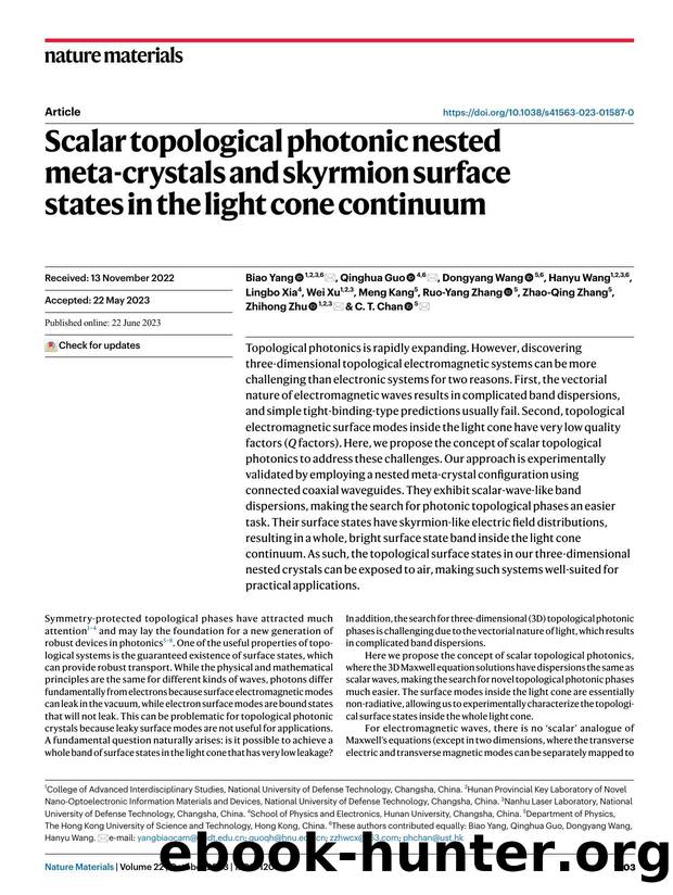 Scalar topological photonic nested meta-crystals and skyrmion surface states in the light cone continuum by unknow