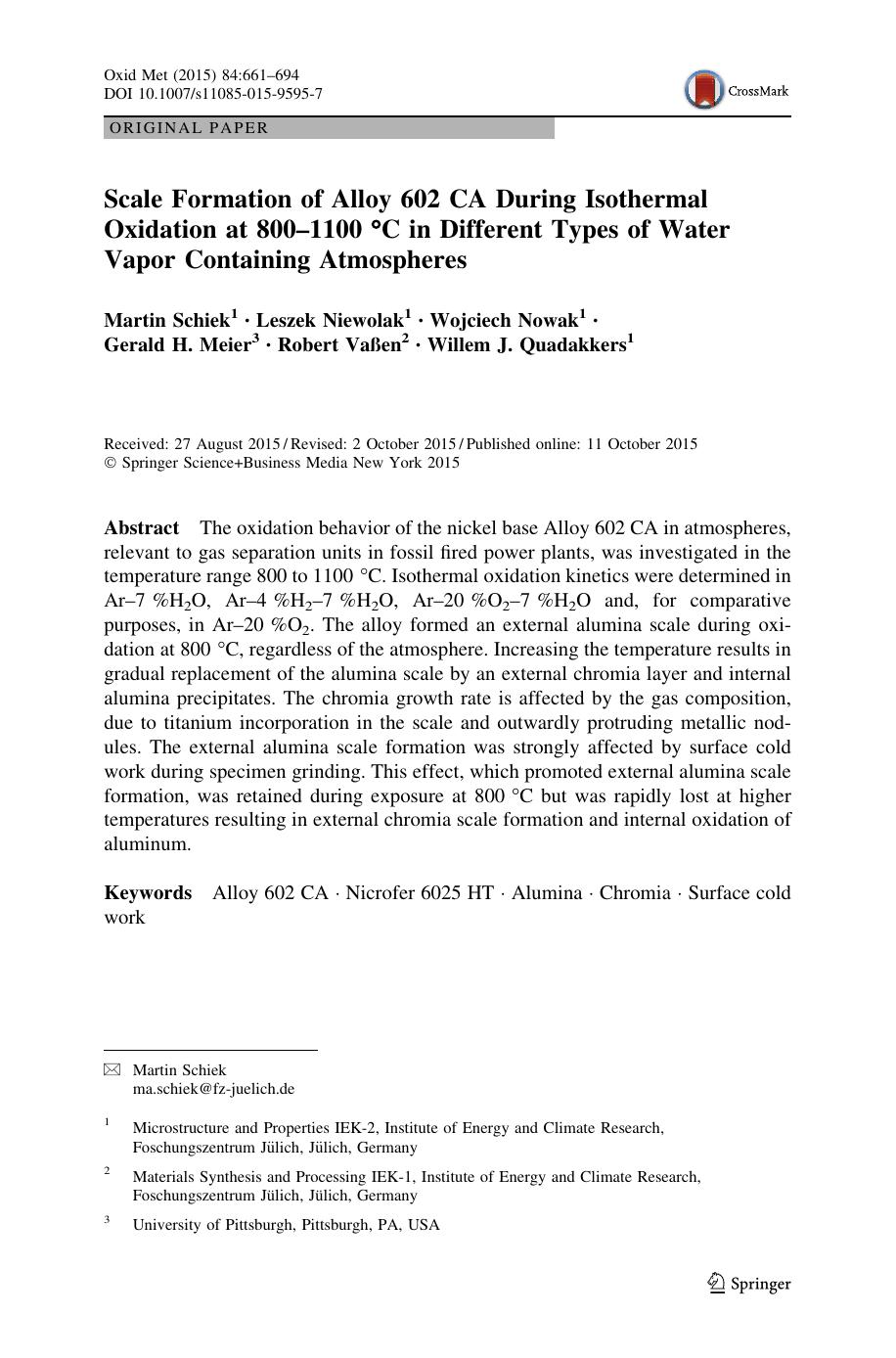 Scale Formation of Alloy 602 CA During Isothermal Oxidation at 800â1100 Â°C in Different Types of Water Vapor Containing Atmospheres by unknow