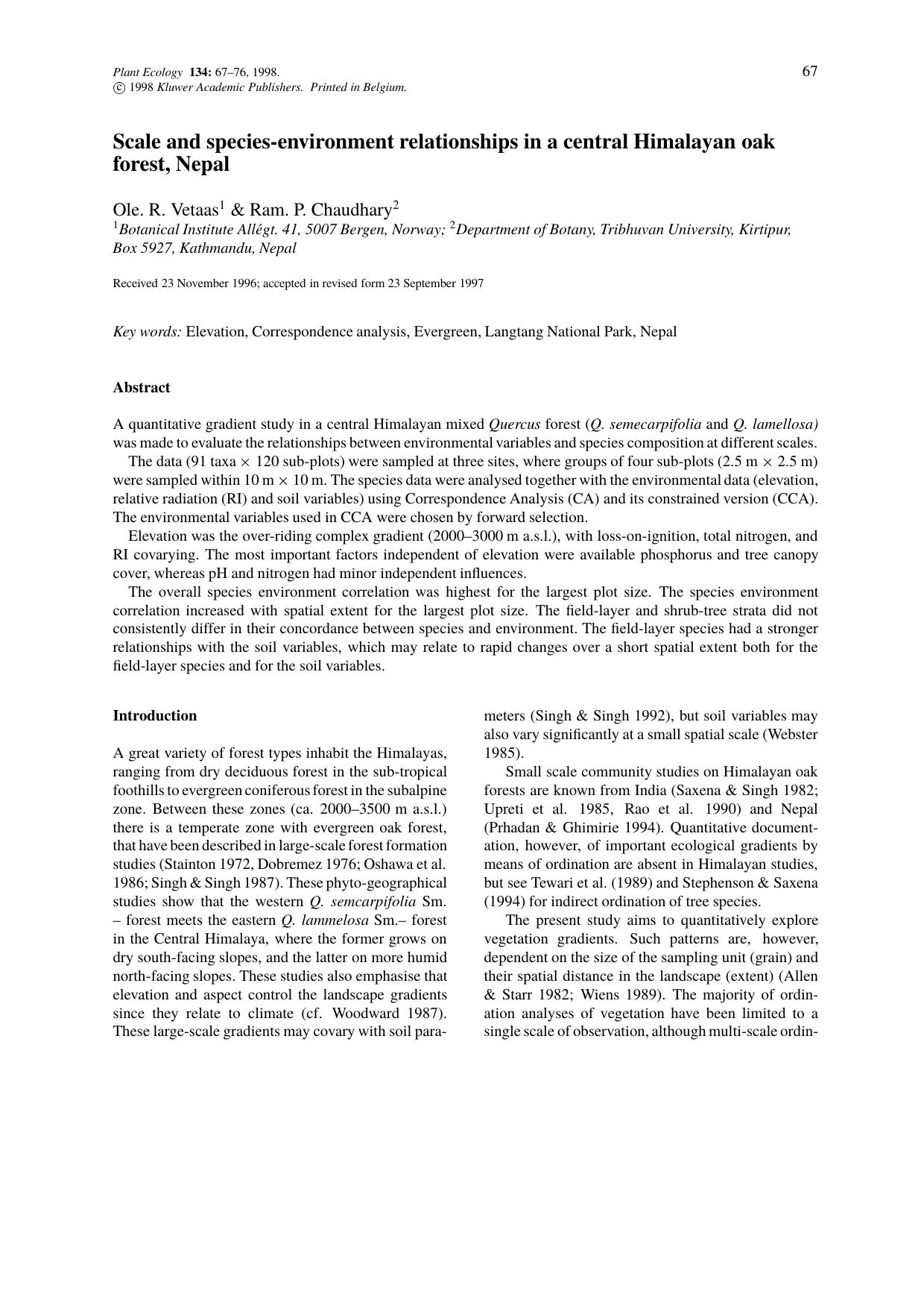 Scale and species-environment relationships in a central Himalayan oak forest, Nepal by Unknown