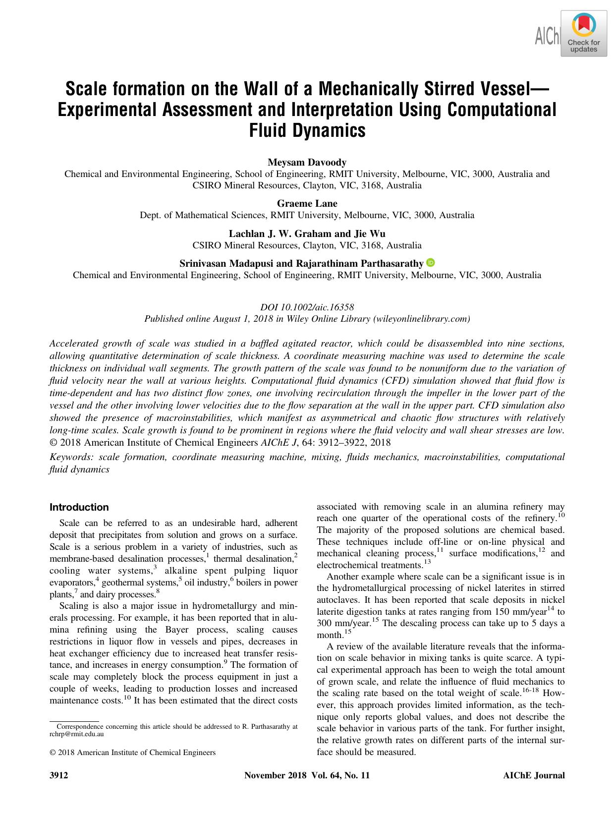 Scale formation on the wall of a mechanically stirred vessel—experimental assessment and interpretation using computational fluid dynamics by Unknown