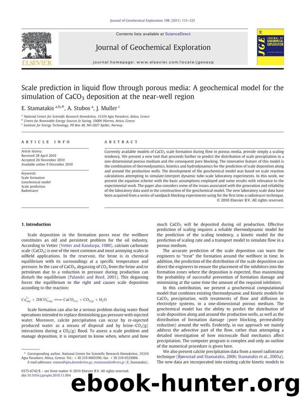 Scale prediction in liquid flow through porous media: A geochemical model for the simulation of CaCO3 deposition at the near-well region by E. Stamatakis & A. Stubos & J. Muller