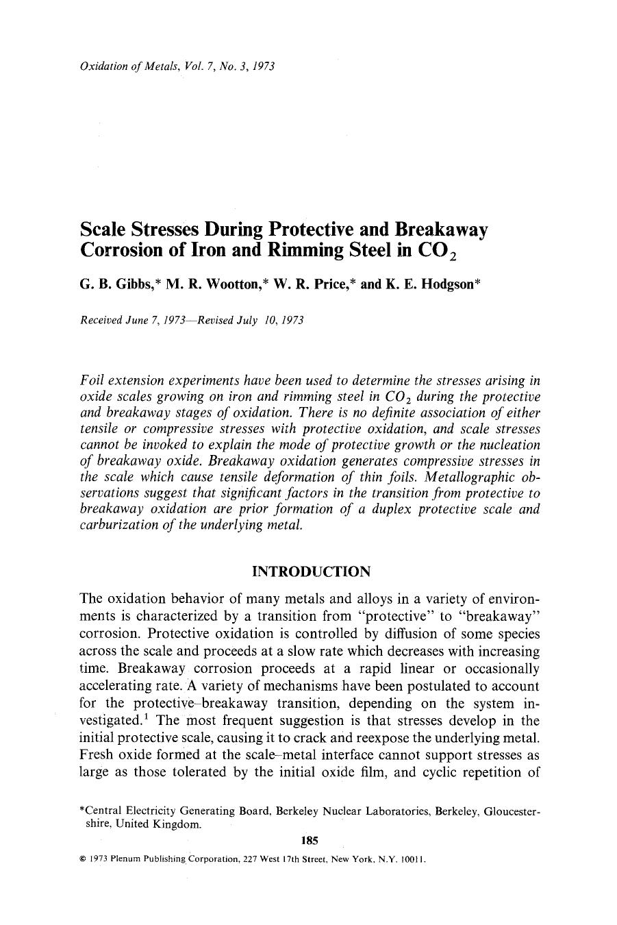 Scale stresses during protective and breakaway corrosion of iron and rimming steel in CO <Subscript>2 <Subscript> by Unknown