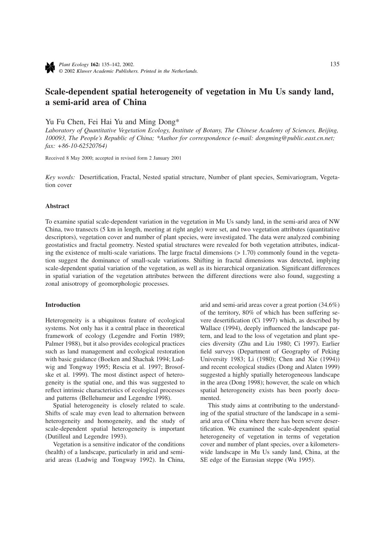 Scale-dependent spatial heterogeneity of vegetation in Mu Us sandy land, a semi-arid area of China by Unknown