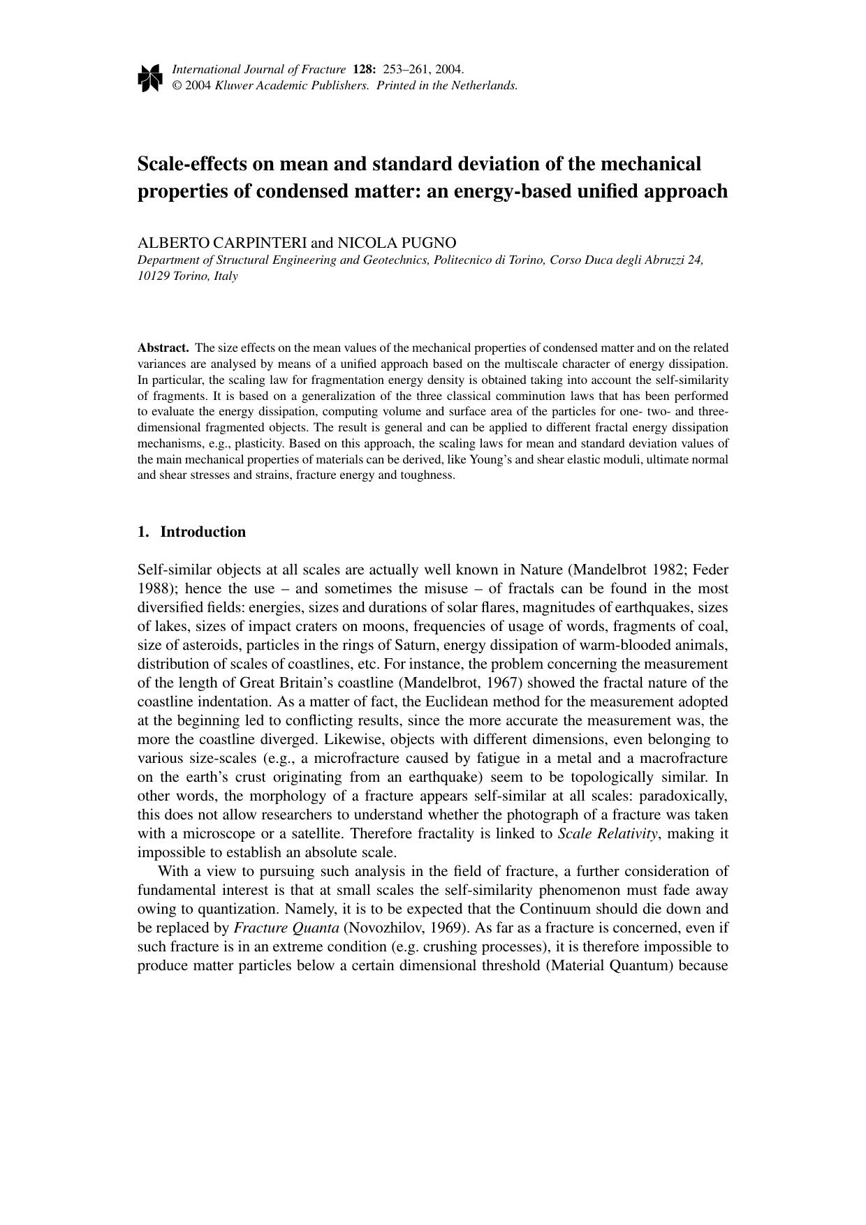 Scale-effects on mean and standard deviation of the mechanical properties of condensed matter: an energy-based unified approach by Unknown