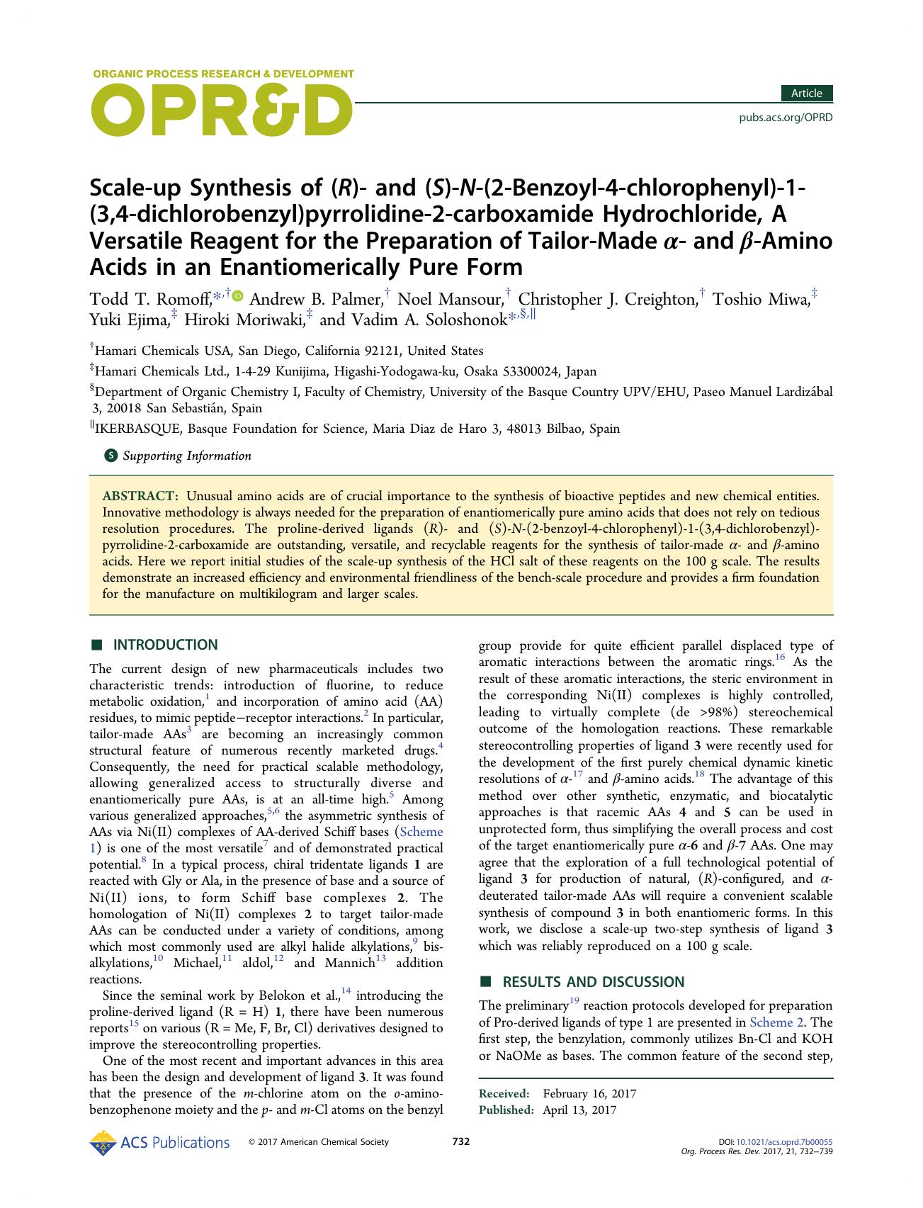 Scale-up Synthesis of (R)- and (S)-N-(2-Benzoyl-4-chlorophenyl)-1-(3,4-dichlorobenzyl)pyrrolidine-2-carboxamide Hydrochloride, A Versatile Reagent for the Preparation of Tailor-Mad by unknow