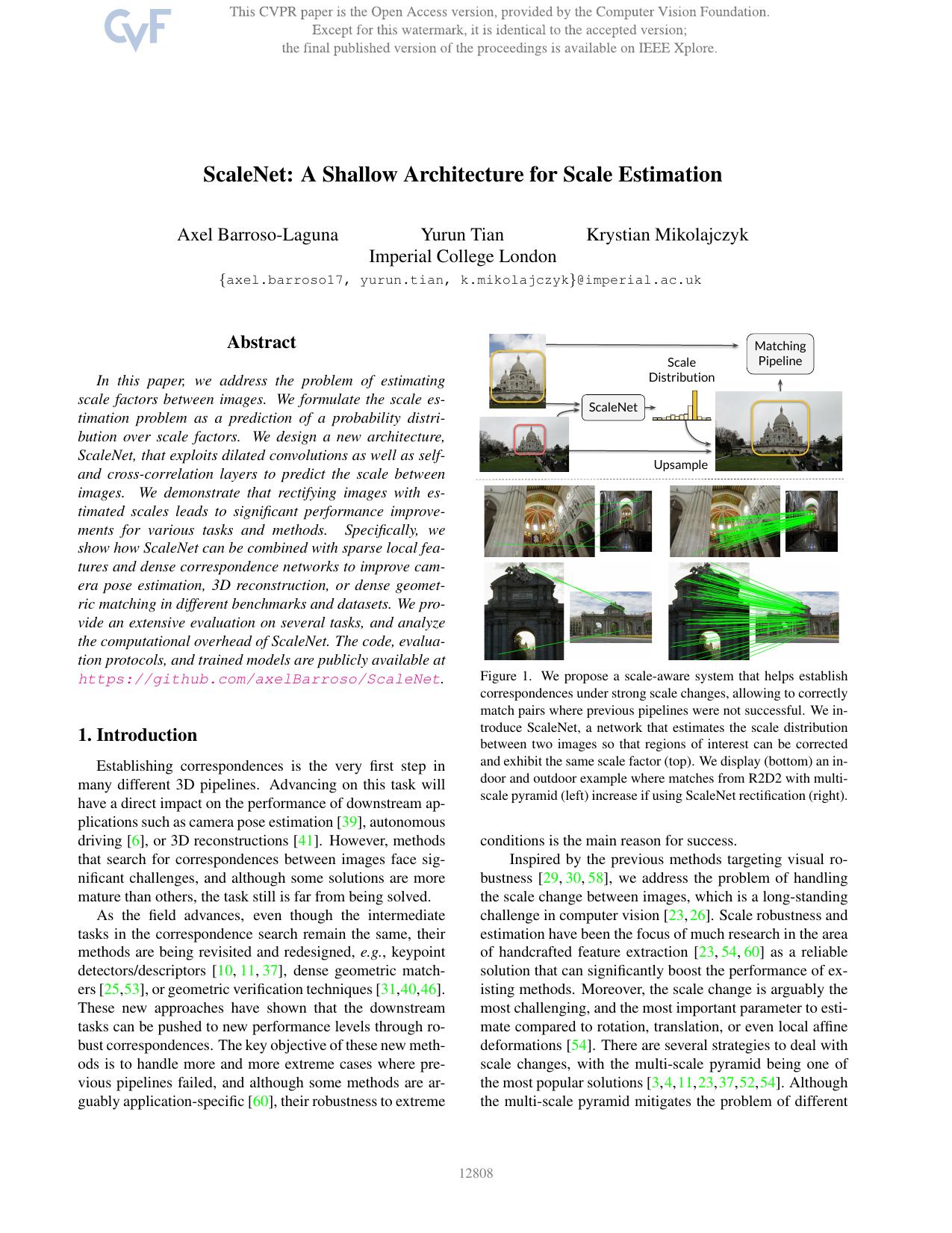 ScaleNet: A Shallow Architecture for Scale Estimation by Axel Barroso-Laguna & Yurun Tian & Krystian Mikolajczyk