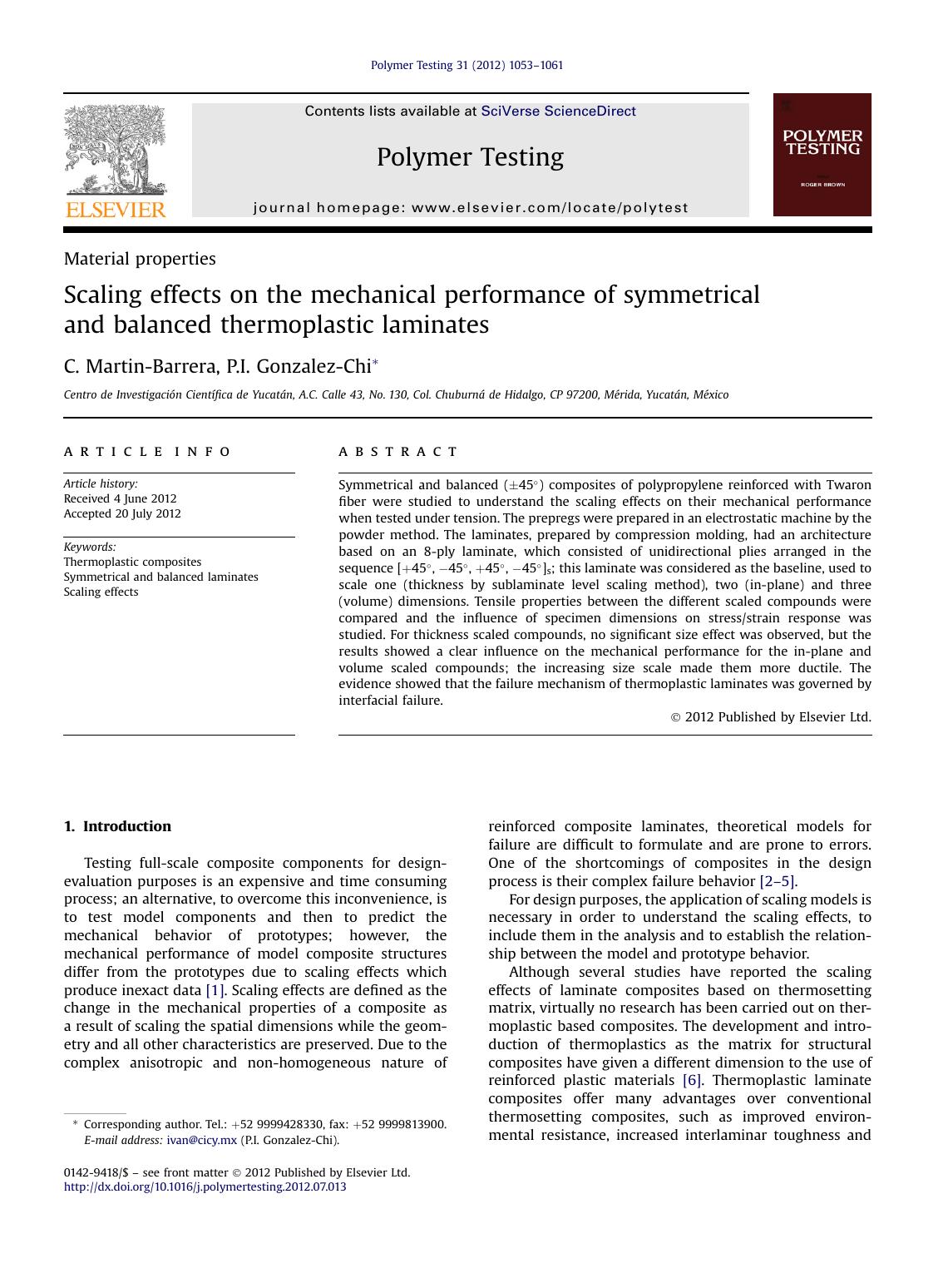 Scaling effects on the mechanical performance of symmetrical and balanced thermoplastic laminates by C. Martin-Barrera & P.I. Gonzalez-Chi