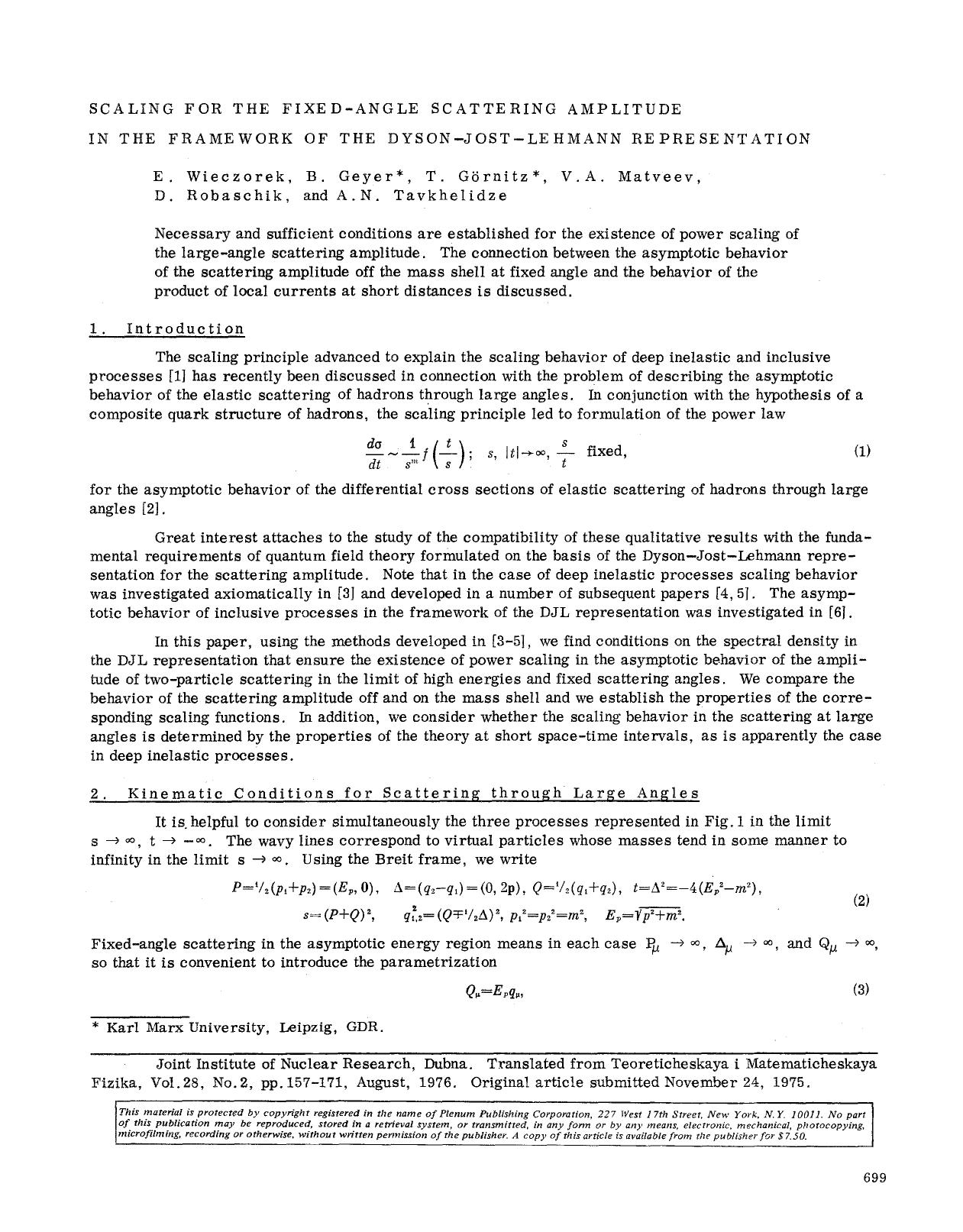 Scaling for the fixed-angle scattering amplitude in the framework of the Dyson-Jost-Lehmann representation by Unknown