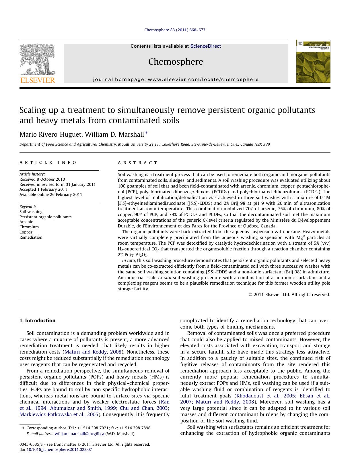 Scaling up a treatment to simultaneously remove persistent organic pollutants and heavy metals from contaminated soils by Mario Rivero-Huguet & William D. Marshall