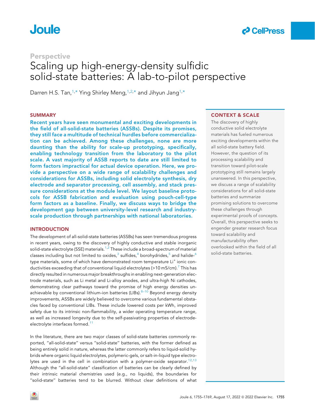 Scaling up high-energy-density sulfidic solid-state batteries: A lab-to-pilot perspective by Darren H.S. Tan & Ying Shirley Meng & Jihyun Jang