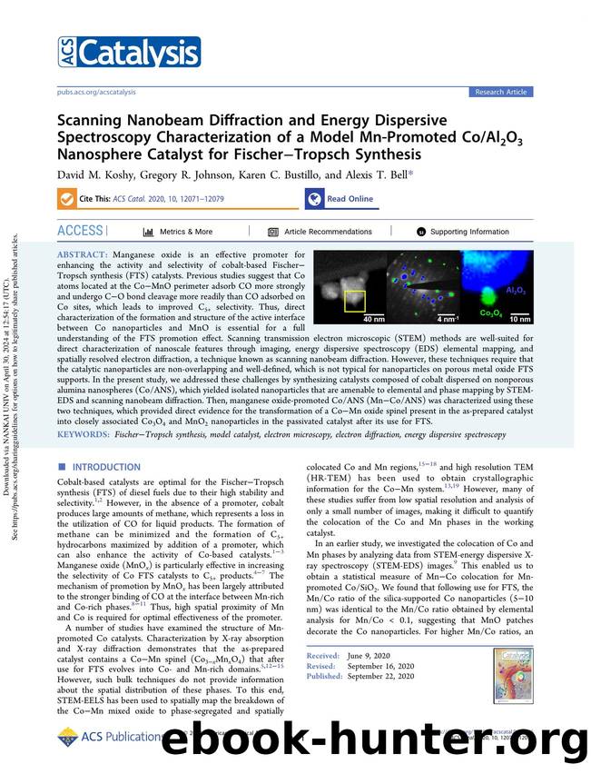 Scanning Nanobeam Diffraction and Energy Dispersive Spectroscopy Characterization of a Model Mn-Promoted CoAl2O3 Nanosphere Catalyst for FischerâTropsch Synthesis by David M. Koshy Gregory R. Johnson Karen C. Bustillo & Alexis T. Bell