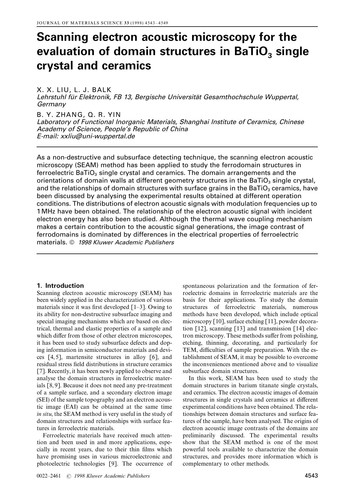 Scanning electron acoustic microscopy for the evaluation of domain structures in BaTiO3 single crystal and ceramics by X. X. LIU L. J. BALK B. Y. ZHANG Q. R. YIN