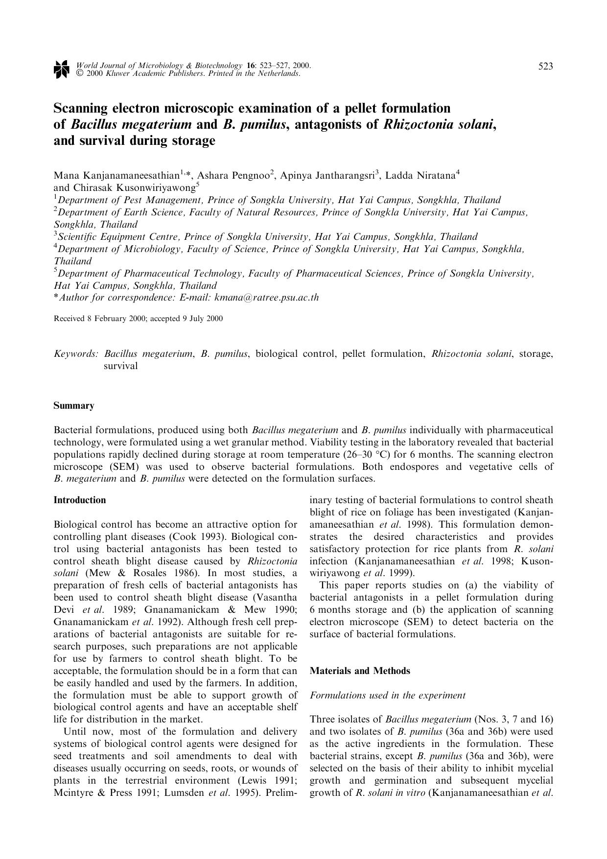 Scanning electron microscopic examination of a pellet formulation of Bacillus megaterium and B. pumilus, antagonists of Rhizoctonia solani, and survival during storage by Unknown